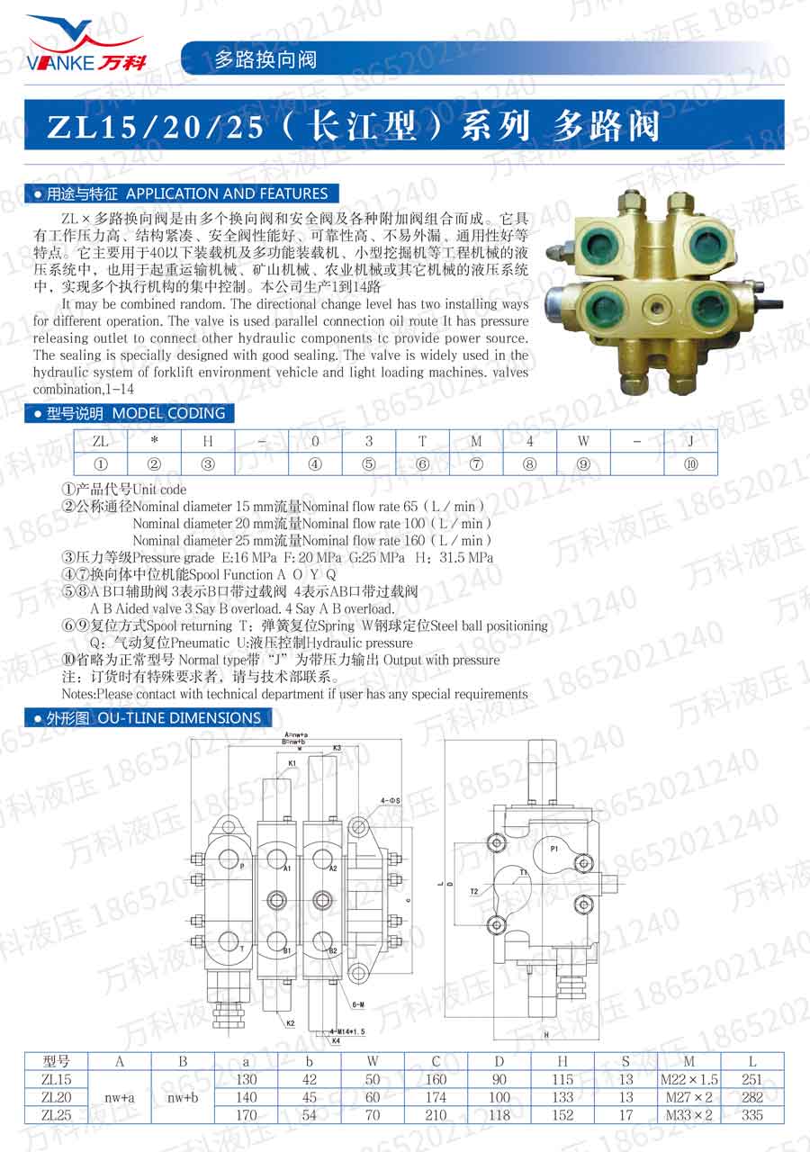 多路换向阀ZL15长江系列说明书